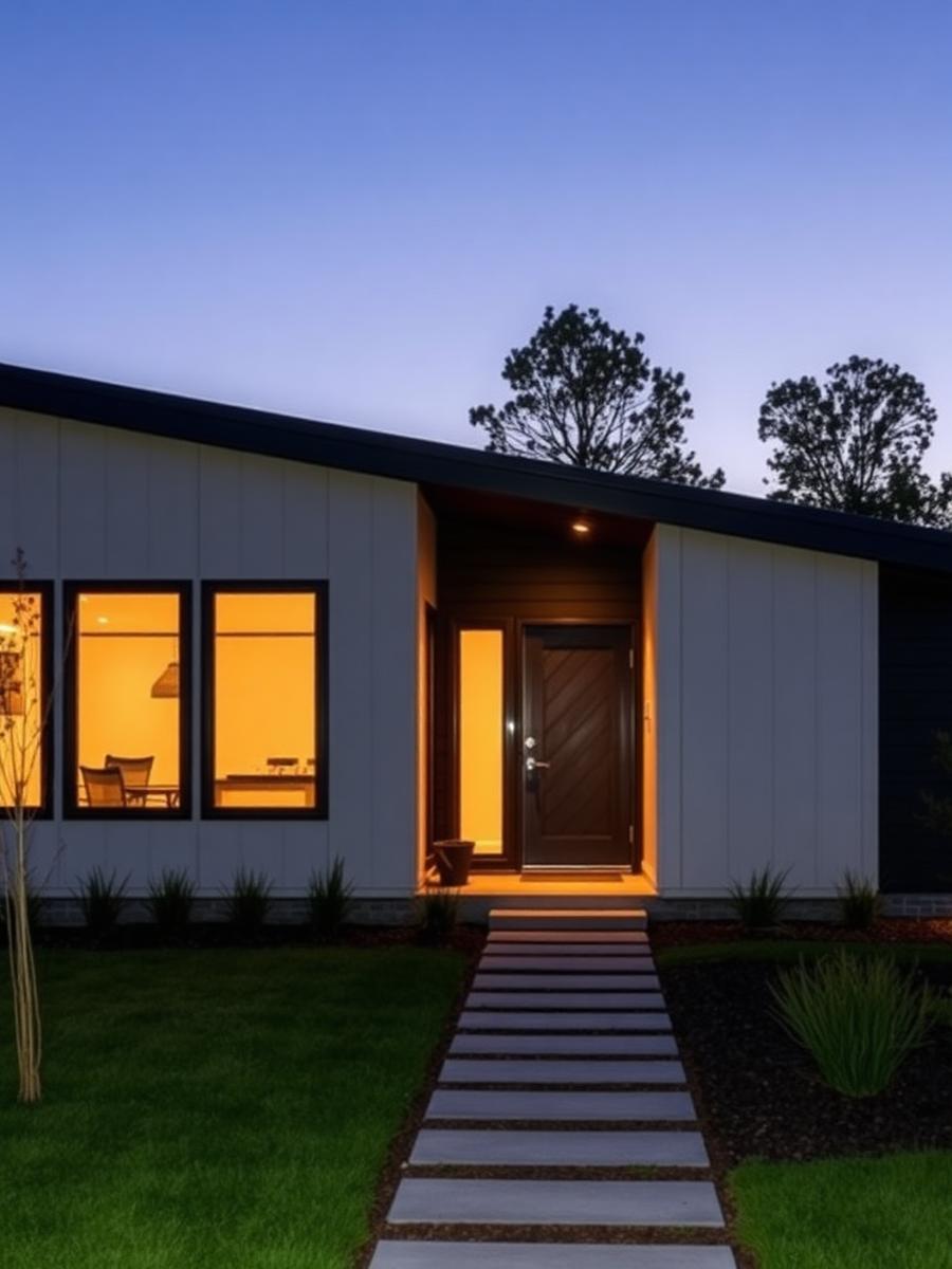 Modular home exterior at dusk with warm lighting